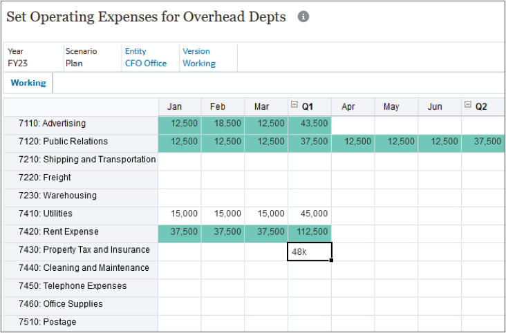 Expense page with Q1 Property Tax and Insurance Highlighted